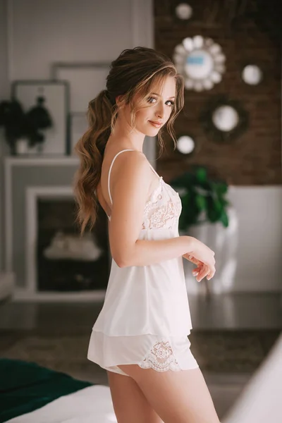 Beautiful Woman Makeup White Lingerie Posing Studio — Stock Photo, Image