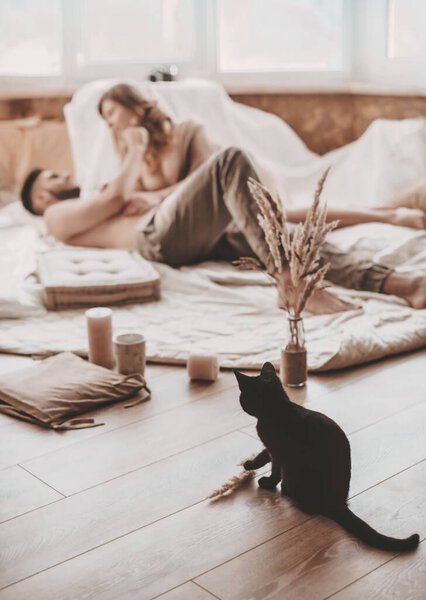  Счастливая любящая пара с котенком дома
  