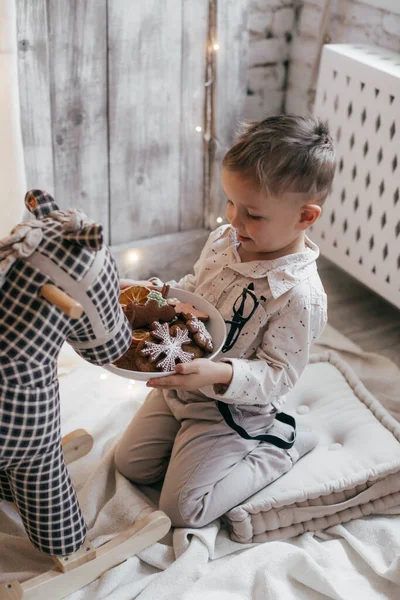 Portrait Happy Little Boy Avec Jouet Cheval — Photo