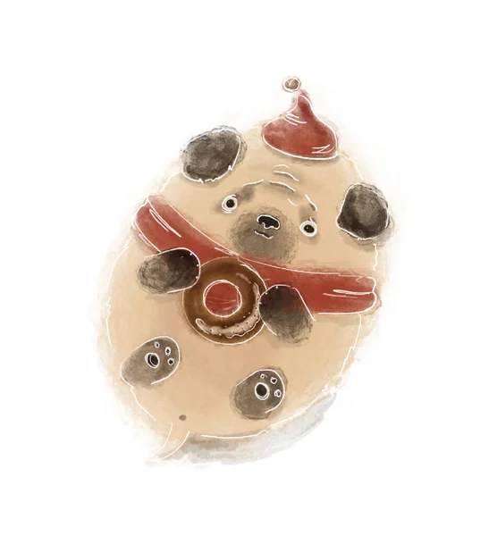 Stock Ilustrace Vánoční Pug Pes Kreslené Ilustrace Ručně Malované Vánoční — Stock fotografie