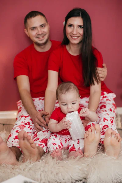 Cute Little Boy Parents Posing Christmas Interior — Stock Photo, Image