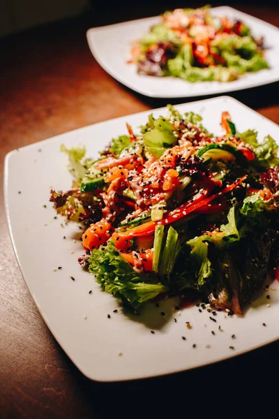 Tasty Salad Meat White Plate — Stock Photo, Image