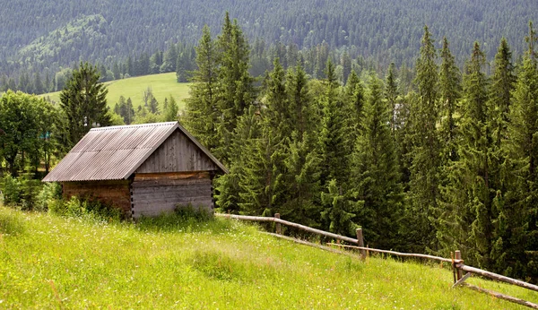 Wooden houses on a grass hills — Stock Photo, Image