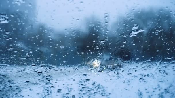 Падающие снежинки и размытые машины через окно автомобиля — стоковое видео