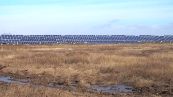 Множество солнечных панелей, стоящих на поле — стоковое видео