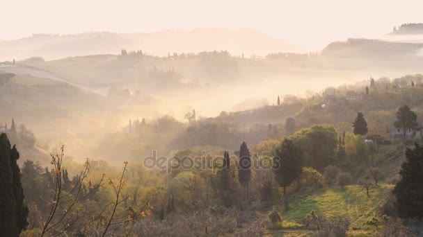 Mgliste rano panorama od murów miejskich San Gimignano, Toscana, Włochy — Wideo stockowe