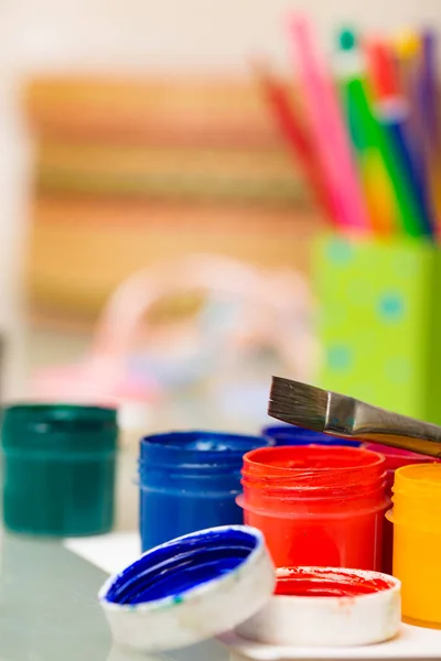 Jars with gouache paint — Stock Photo, Image