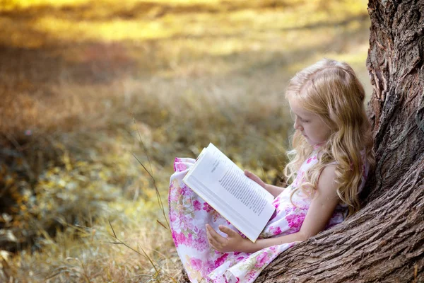 A menina está lendo um livro — Fotografia de Stock