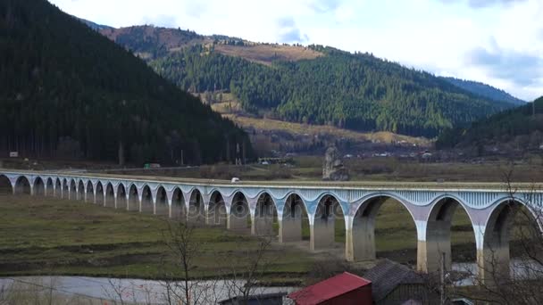 View of viaduct Poiana Largului at the lake Bicaz, Romania — Stock Video