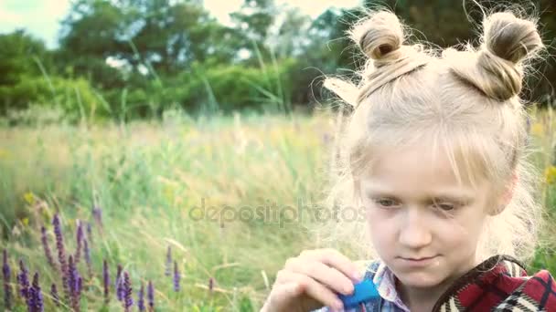 Μικρό Κορίτσι Φυσώντας Φυσαλίδες Σαπουνιού Ένα Πράσινο Γκαζόν — Αρχείο Βίντεο