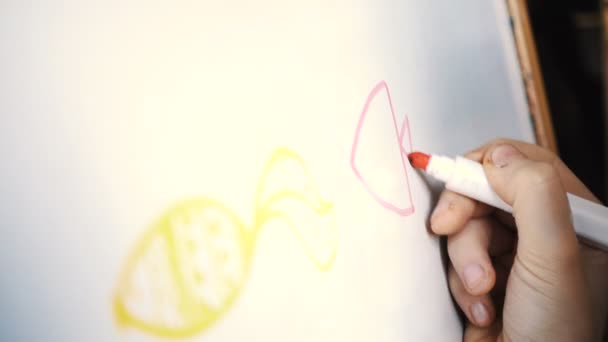 Mädchen Zeichnet Fische Mit Dem Filzstift Auf Whiteboard — Stockvideo