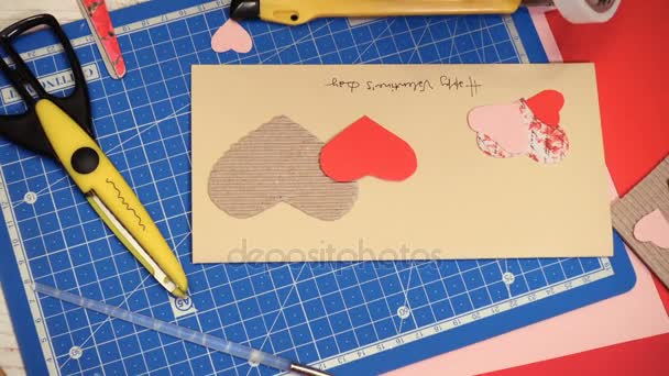 Hands Girl Making Scrap Valentine Greeting Card — Stock Video