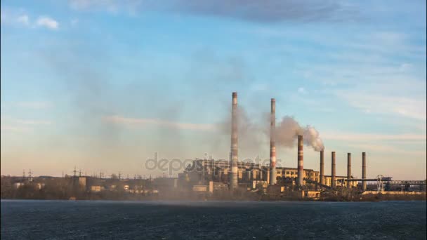 Smoke Pipes Power Plant Station Bank River — Stock Video