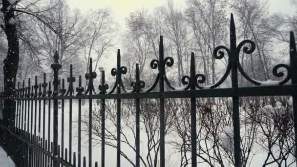 Snowfall Town Park Fence — Stock Video