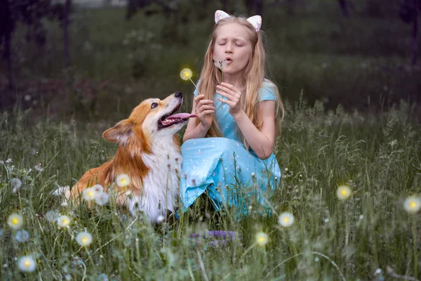 Meisje met hond buiten — Stockfoto