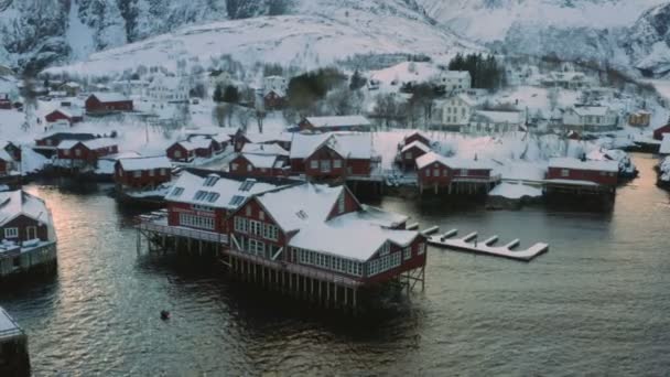 Evening View Famous Traditional Multicolored Wooden Fishing Houses Rorbu Sea — Stock Video