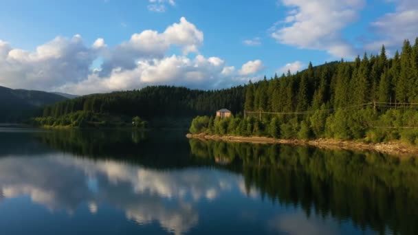 Βράδυ Λίμνη Εναέρια Πανόραμα Τις Όμορφες Αντανακλάσεις Και Πευκόφυτη Ακτογραμμή — Αρχείο Βίντεο