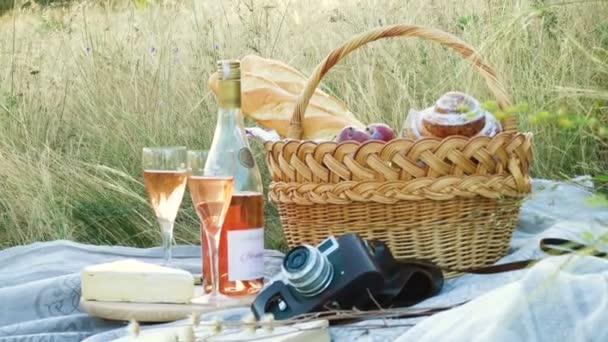 畑の草の上にワインと食料を入れたピクニックバスケット — ストック動画