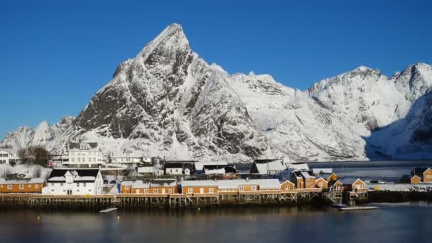 ロフォーテン諸島の海岸に有名な伝統的な多色の木造漁村のロルブの眺め ノルウェー — ストック動画