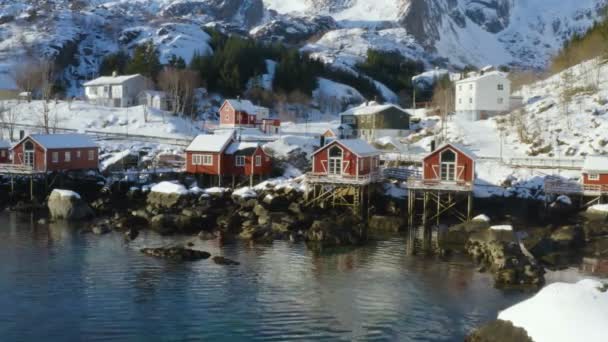 ノルウェー北部のロフトテン諸島の海岸にある有名な伝統的な多色の木造漁家の空中ドロンビュー — ストック動画