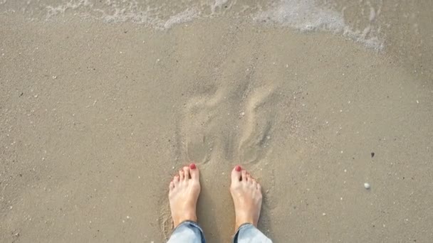 Top View Bare Woman Feets Standing Sandy Beach Washed Sea — Stockvideo