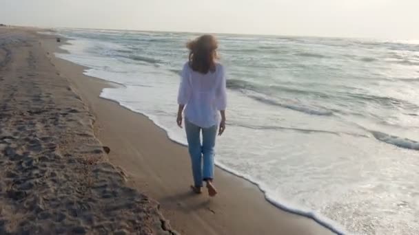 Girl Dressed Jeans White Blouse Walking Sea Shore Big Stormy — Stock Video