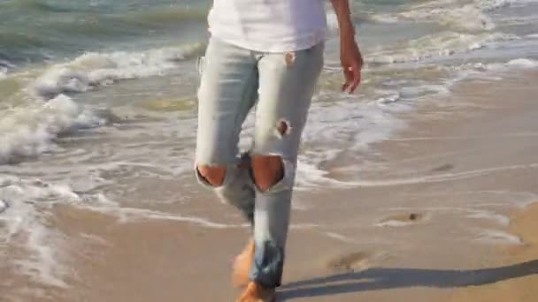 Meisje Gekleed Jeans Witte Blouse Lopen Langs Kust Met Grote — Stockvideo