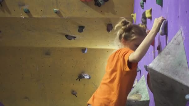 Niña Activa Escalando Una Pared Bouldering Interior Gimnasio — Vídeos de Stock