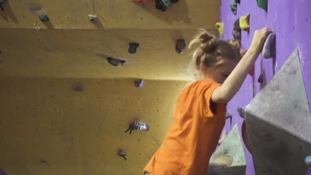 Enfant Actif Fille Escalade Sur Mur Blocs Intérieur Dans Salle — Video