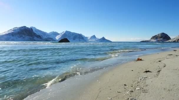 Ondas Praia Areia Inverno Arquipélago Lofoten — Vídeo de Stock