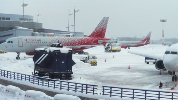 モスクワ ロシア 2018年2月5日 ヴヌコヴォ空港の厳しい雪の中 空港滑走路で働く雪のブロワー ブルドーザー グレーダーなどの機械 — ストック動画