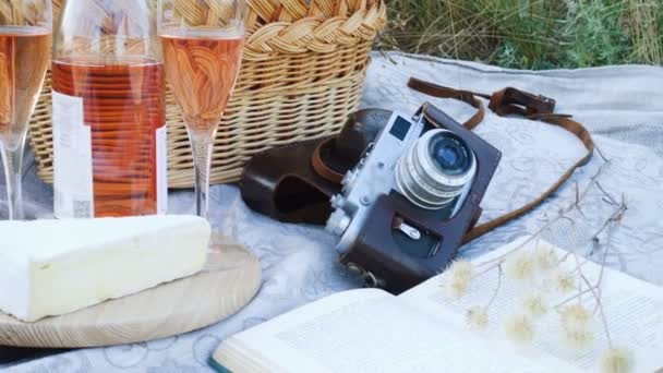 Piknik Sepeti Tarladaki Çimlerin Üzerinde Yiyecek Şarap Şişesi — Stok video