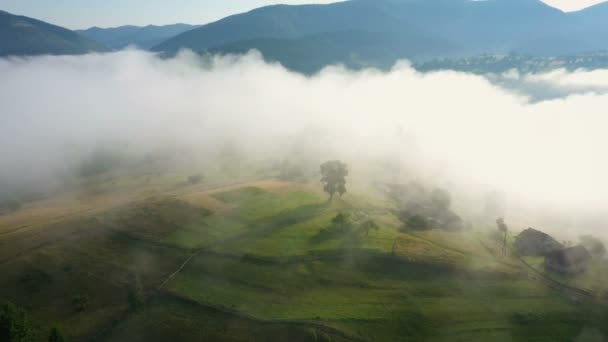 Pueblo Montaña Mañana Cubierto Con Panorama Aéreo Nubes Vorokhta Cárpatos — Vídeos de Stock