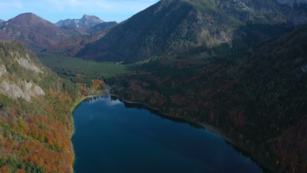 Красивое Австрийское Осеннее Озеро Лангбазее Красочными Красными Деревьями Берегу — стоковое видео