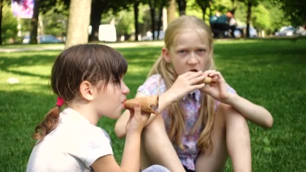 Meninas Comendo Creme Ive Sentado Gramado Verde Dia Ensolarado Verão — Vídeo de Stock
