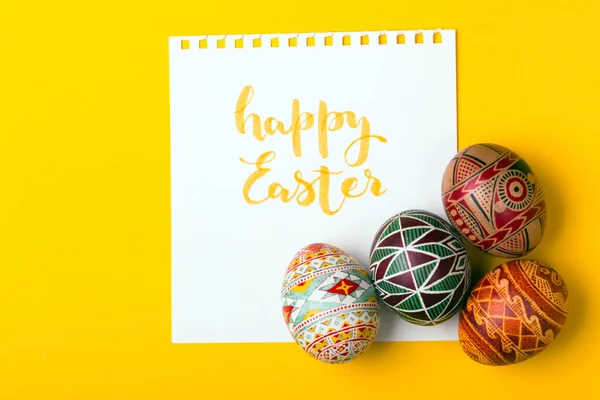 Cartão Páscoa Feliz Belo Ovo Páscoa Pysanka Artesanal Traditiona Ucraniana — Fotografia de Stock