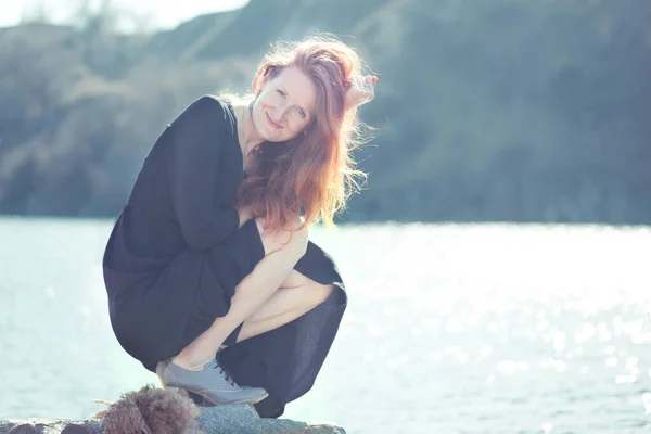 Portrait Happy Smiling Girl Shore Fjor — Stock Photo, Image