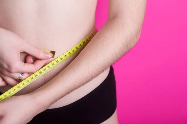 Girl Measures Her Volumes Centimeter Pink Background Healthy Beautiful Body — Stock Photo, Image