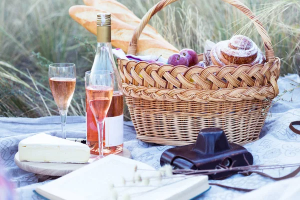 夏日普罗旺斯在草地上野餐 法式面包 葡萄酒 乳酪干酪 篮子里的法式面包 — 图库照片