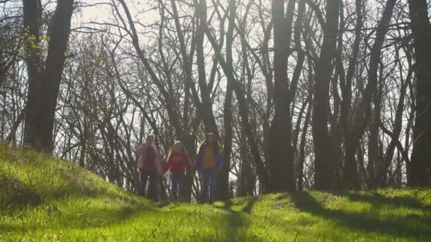 Madre Con Dos Hijas Caminando Por Bosque Soleado Día Primavera — Vídeos de Stock