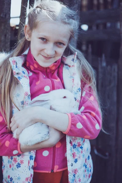 Girl Rabbit Lawn Garden — Stock Photo, Image