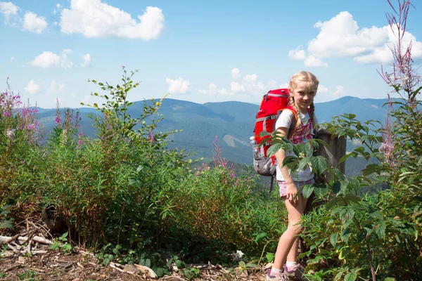 Ουκρανικό Τοπίο Χαρούμενο Χαμογελαστό Κορίτσι Παιδί Στα Βουνά Στα Καρπάθια — Φωτογραφία Αρχείου