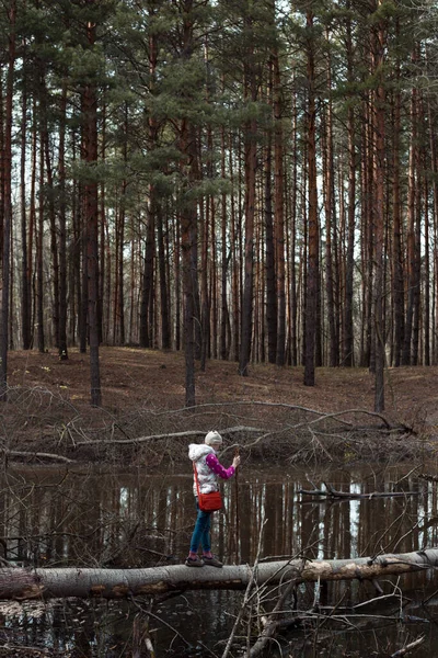 湖に落ちた木の上を少女観光客が歩いている 野生の状態 — ストック写真