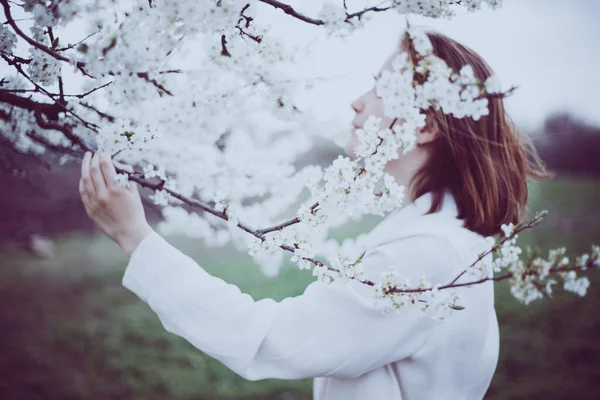 Vacker Bakgrund Blommande Träd Och Hona Han — Stockfoto