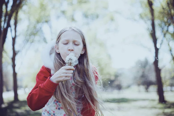 Niña Rubia Sosteniendo Diente León Vacaciones Primavera Moo —  Fotos de Stock