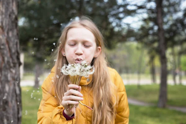 Rubia Niña Soplando Dientes León Vacaciones Primavera Moo —  Fotos de Stock