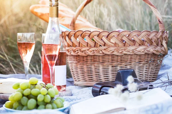 Verano Picnic Provenzal Prado Copas Vino Fondo Picnic Baske — Foto de Stock