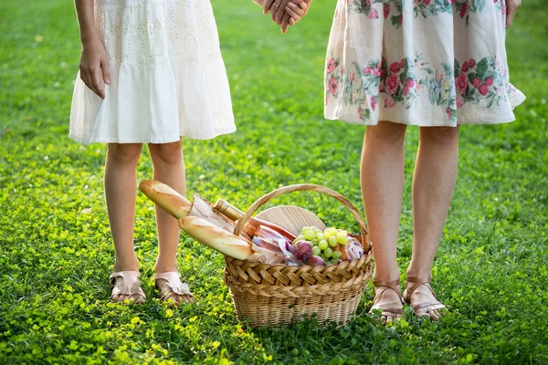 Verão Piquenique Familiar Prado Meninas Perto Cesta Para Piquenique Com — Fotografia de Stock