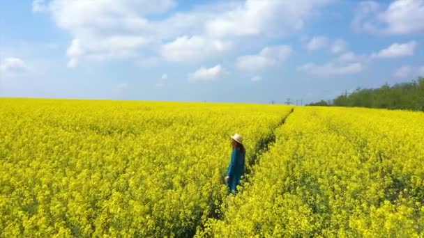 Happy Beautiful Girl Enjoying Blooming Rapeseed Field Bright Sunny Day — Stock Video