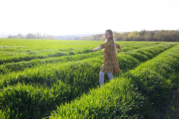 Ευτυχισμένο Κορίτσι Είναι Χαρούμενη Γυρίζοντας Στο Πράσινο Πεδίο Καλοκαίρι Και — Φωτογραφία Αρχείου